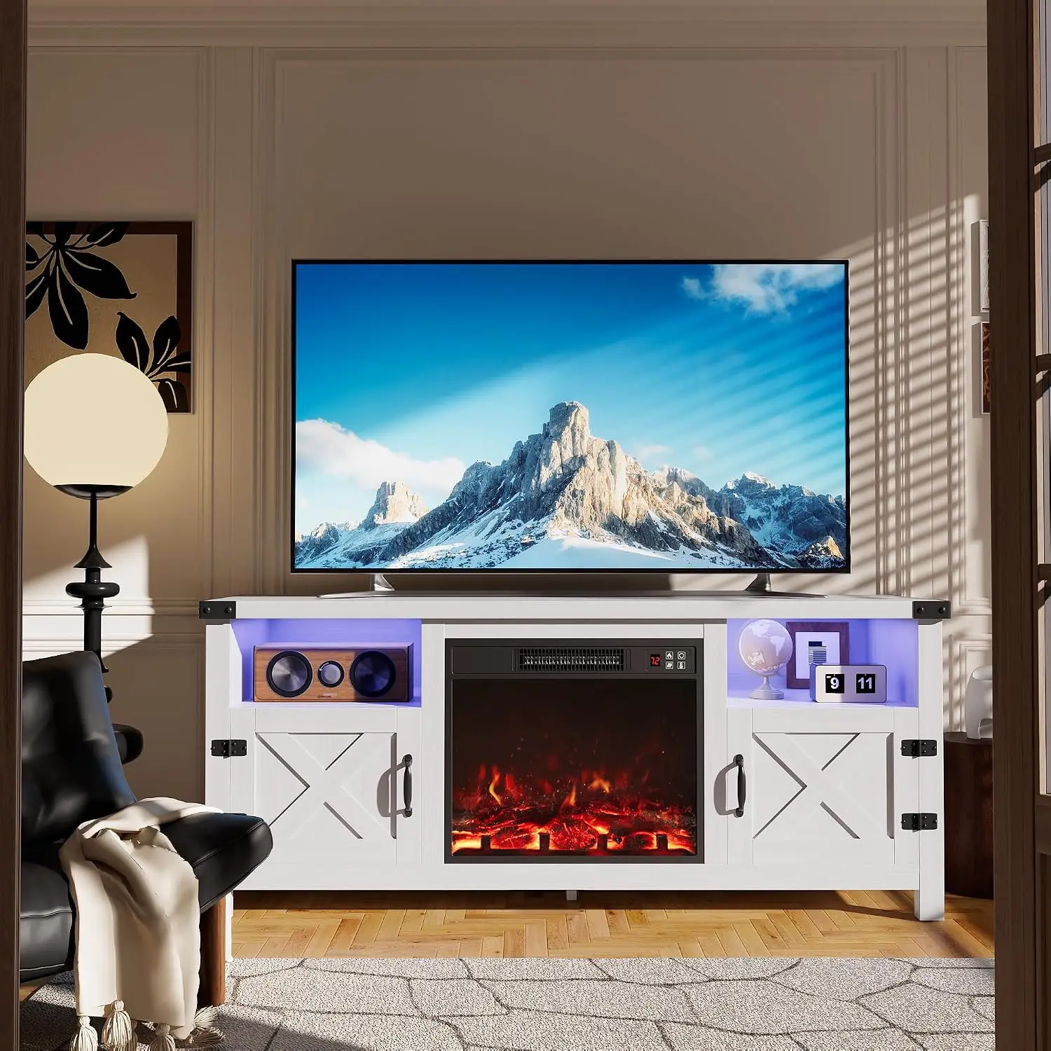 LED TV Stand with Fireplace Heater, White, Customized