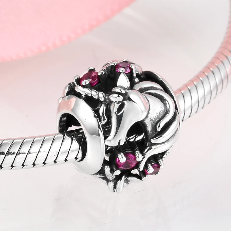 925 Sterling Silver Rose Red Dream Unicorn Sleeping Closed Eyes Charm Bead Fit Original Bracelet Diy Jewelry Accessories Beads