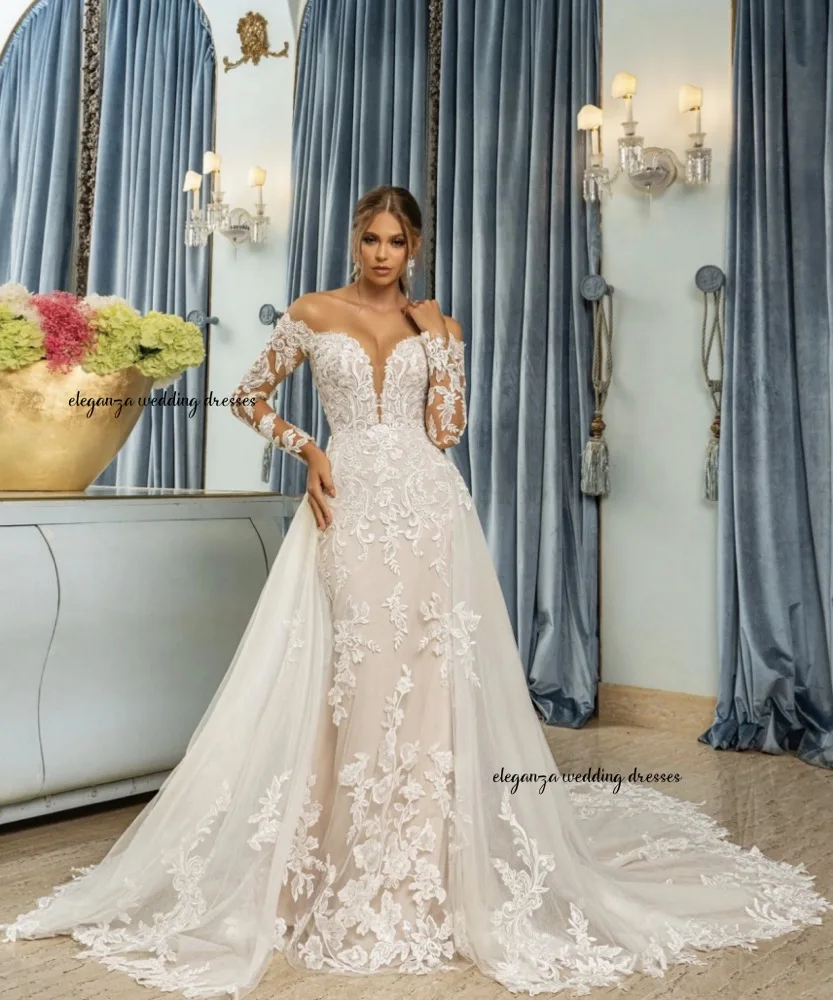 Customized Elegant wedding dress V-neck long-sleeved detachable tail-tail women's wedding dress Vestido de novia 2025