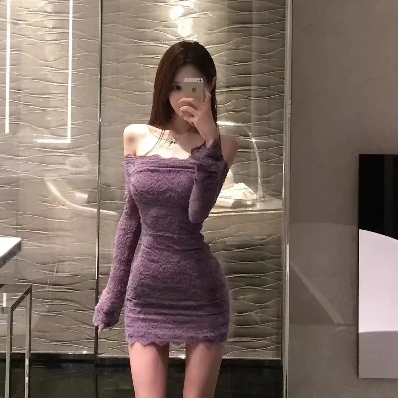 

Ruffled Solid Slim Lace Trim Off Shoulder Long Sleeve White Short Dress Women Elegant Sexy Party Dresses