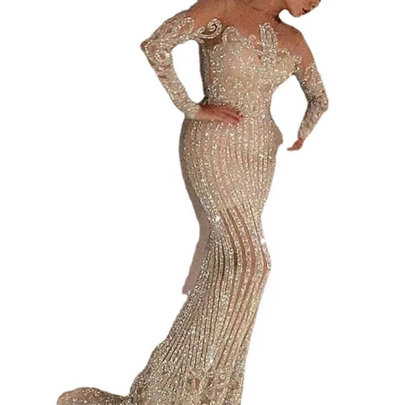 2025 New Long Skirt Mid Waist Temperament Commuting Gold Sequin Solid Color Wrapped Chest Elastic Gold Slimming Dress