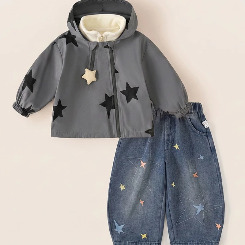 Kids Hooded Interchange Jacket Fleece-lined Stand Collar Inner Liner and Star Bell-bottom Pants Three-piece Set