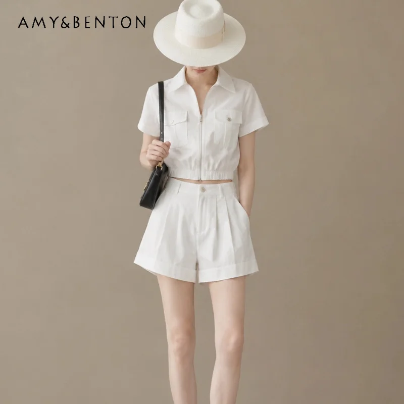 

2026 Summer New Women's Clothing Korean Fashion Design Thin White Top Loose Hight Waist Shorts Temperament Two-piece Sets Ladies