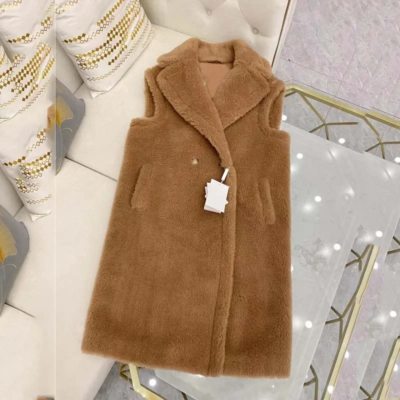 

Winter Clothes Women Real Sheep Wool Jacket Sleeveless Turn-Down Collar Coat Thick Warm Vest Casual Style Wide-Waisted