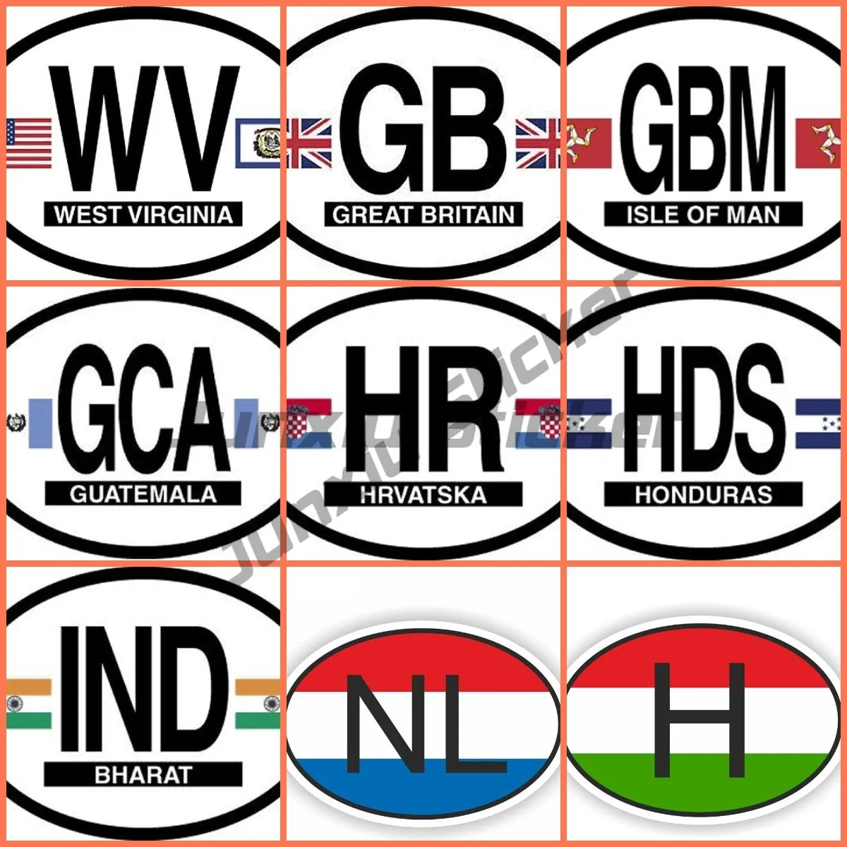 Oval National Flag and Country Code Car Sticker WV GB ISLE OF MAN GUATEMALA H NL HDS HR IND PVC Waterproof Self-adhesive Sticker