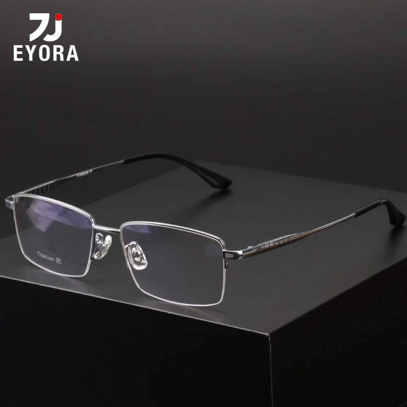 

EYORA Half-Frame Β Titan Business Men Reading Glasses Anti Blue Ray Myopia and Hyperopia Photochromic Prescription Eyewear Lens