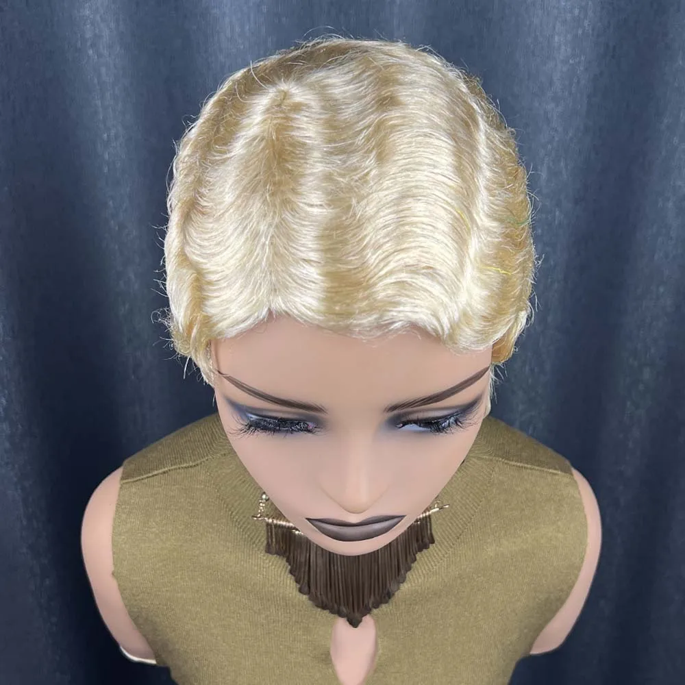 금발 짧은 인모 가발 핑거 웨이브 숏 픽시컷 가발 흑인 여성용 레미 인모 기계 제작 가발 일상용