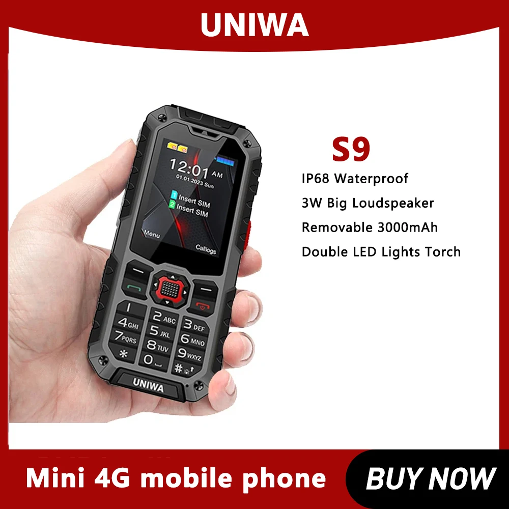 UNIWA-telefone robusto com teclado, telefone celular tocha impermeável, IP68, S9, 4G, 2.4"