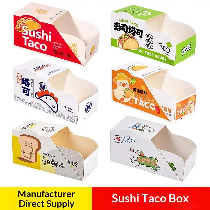 Disposable Sushi Taco Paper Boxes 50Pcs Greaseproof Cute Cartoon Printed for Bakery Cookie Dessert Takeout Packaging