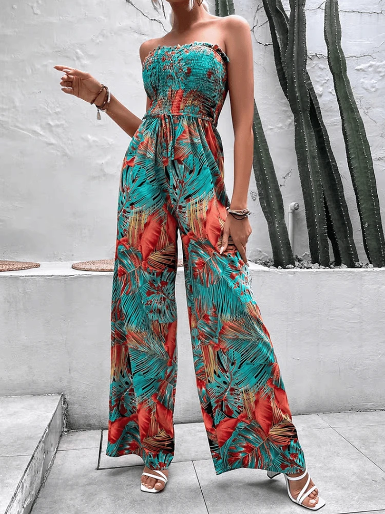 2024 New Summer Women Casual Holiday Beach Rompers Bohemian Leaf Print Jumpsuits Sleeveless Sexy Long Jumpsuit