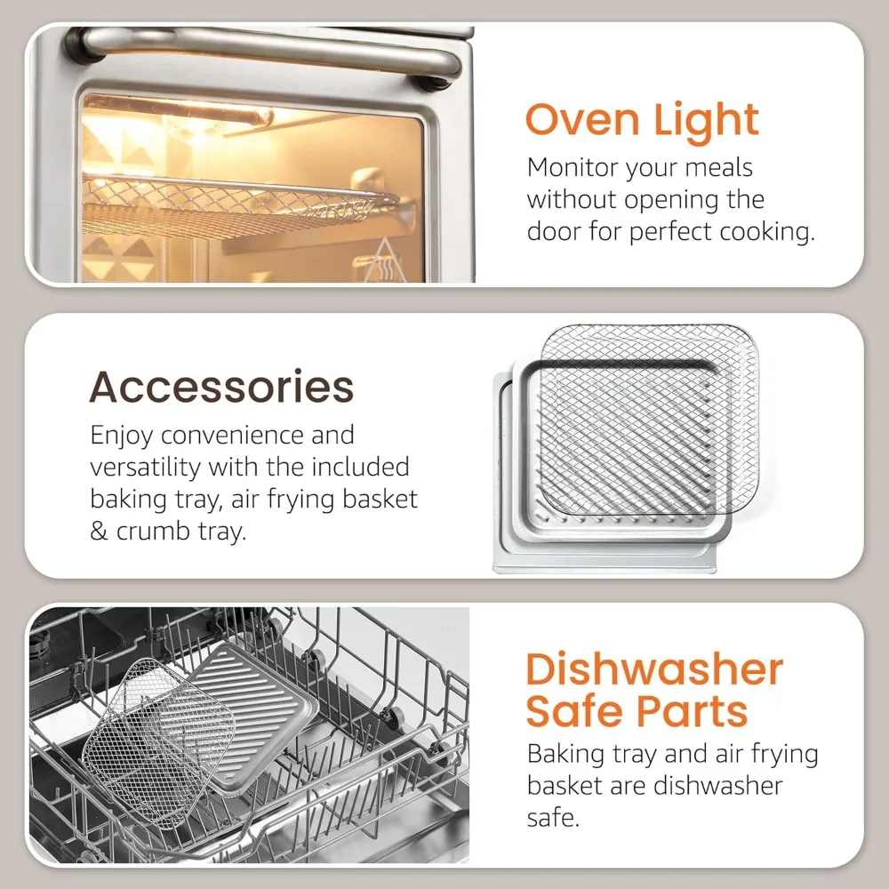 8,5 cuartos. Horno freidora de aire de capacidad, tostadas, hornear y asar con controles de convección, tiempo y temperatura, 800 vatios, acero inoxidable