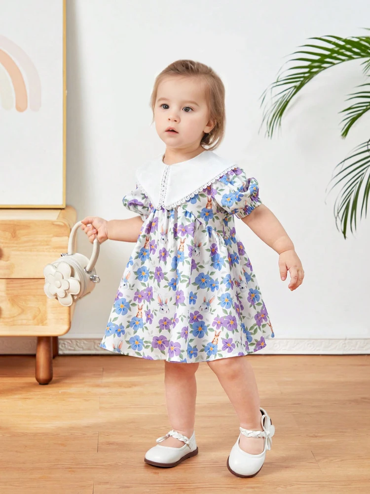 Baby girl child summer style sweet princess dress Korean version broken flower foreign style dress