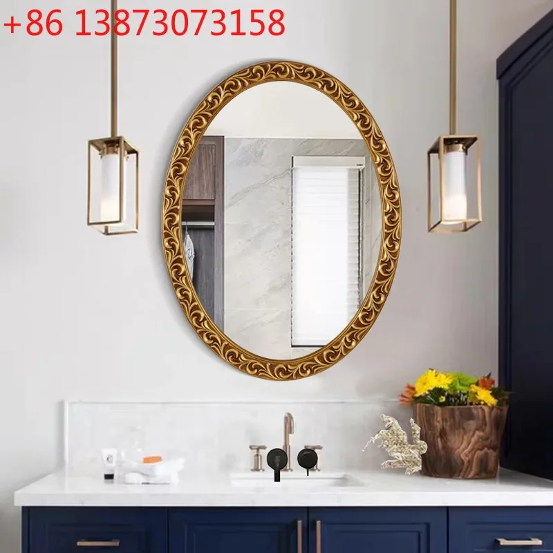 New oval bathroom mirror European retro imitation wood carving flower art photo frame decorative mirror bathroom mirror