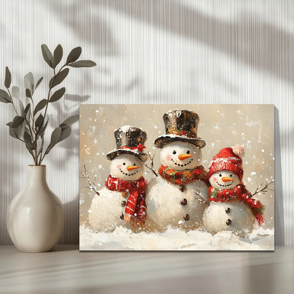 1pc,Three Christmas Snowmen, Modern Canvas Wall Art, Waterproof Wall Painting Poster Picture Art, Holiday Gift, Framed,16x12inch