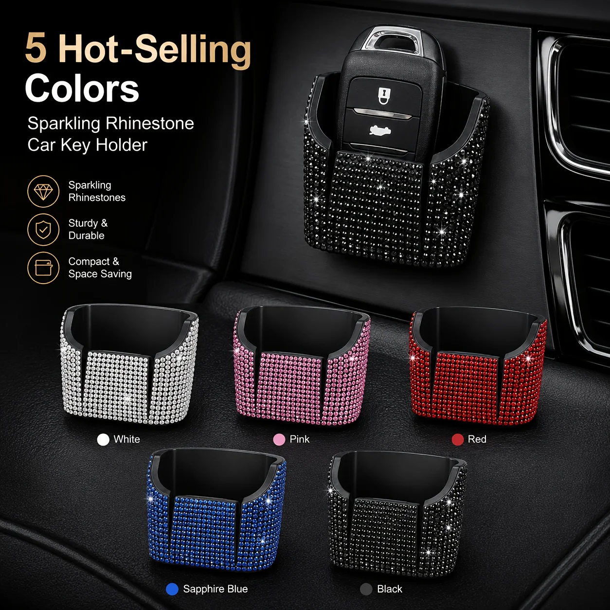 Bling Rhinestone Car Seat Gap Organizer, Universal PU Leather Car Seat Side Storage Box for Phone Keys, Car Interior Accessories