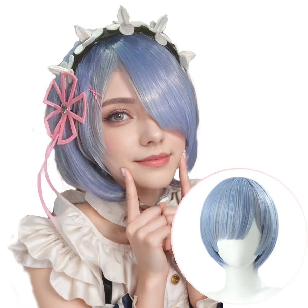 2026 Light Blue Gradient Short Bob Wig, Side Bangs Synthetic Hair for Rem Cosplay and Maid Costume Looks