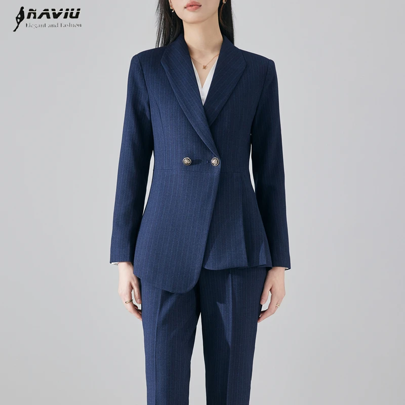 

NAVIU Fashion Office Ladies Pant Suit 2 Piece Sets Women Stripes Double Breasted Business Work Wear Blazer And Trouser Female