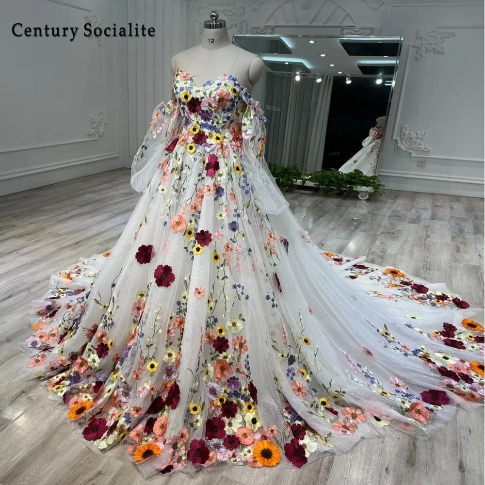 Colorful Wedding Dresses with Floral Embroidered 2025 Off Shoulder Removable Sleeves Country Bridal Gowns Customized