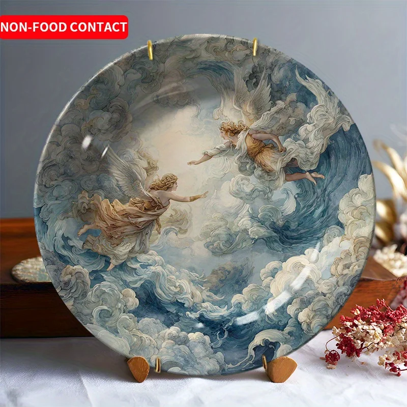 Hand-Painted Angel/1 Ceramic Plate/Sun and Cloud Design/Home Wall Art/Not for Food/Jewelry Tray/Living