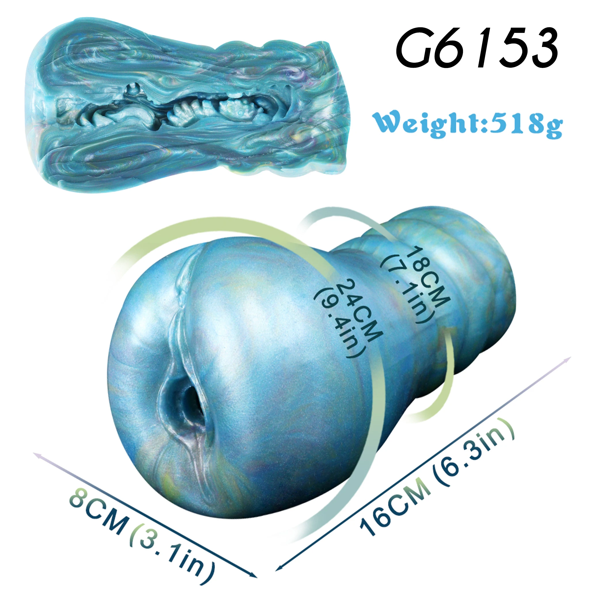SHAZ Premium Glossy Iridescent Blue Anal Stroker Adult Toy Plump Rounded Opening Ribbed Segmented Texture Strong Suction for Men