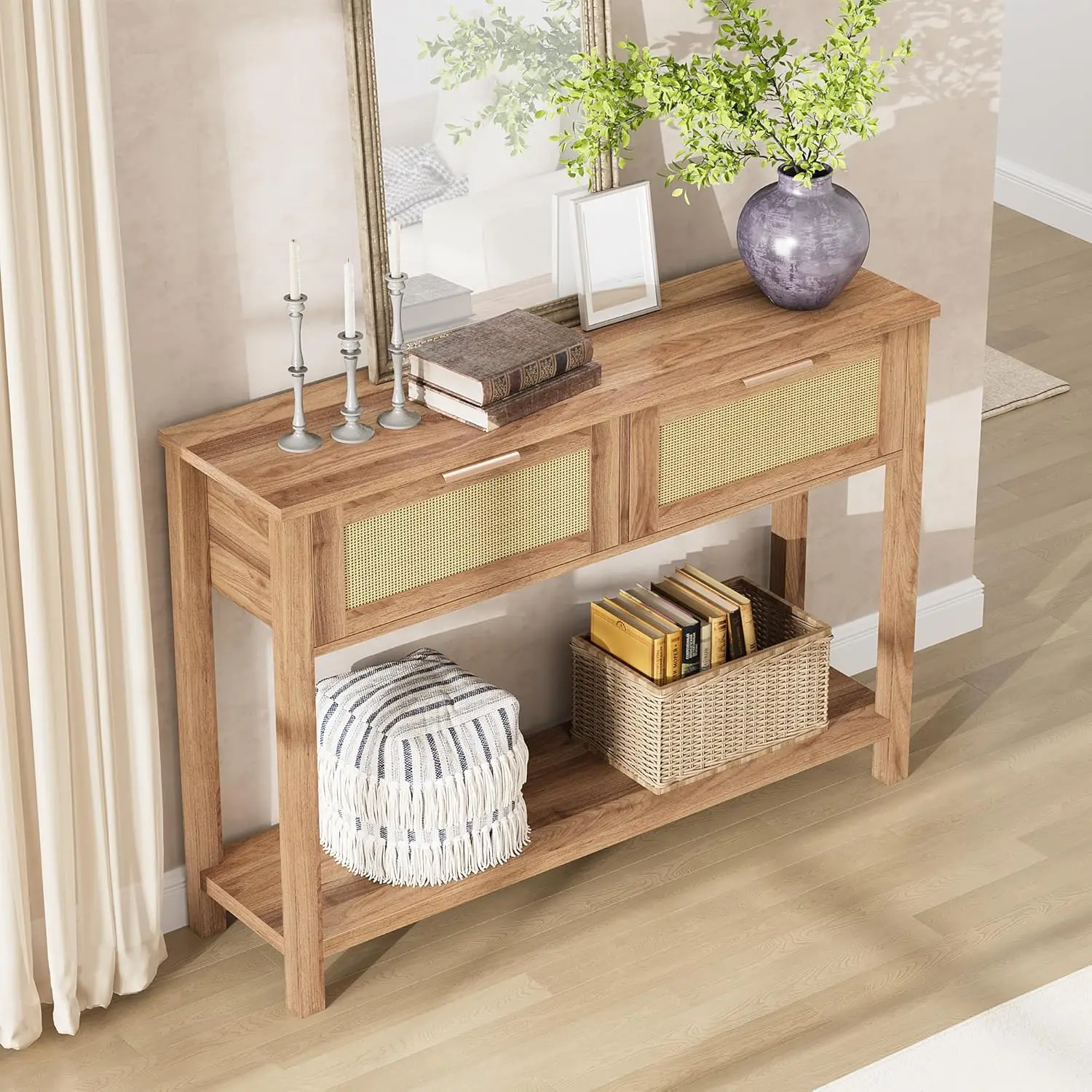 Mesa de entrada de ratán, mesa consola Bohemia con cajón, mesa de sofá de 2 niveles con almacenamiento, mesa consola de madera para sala de estar y pasillo