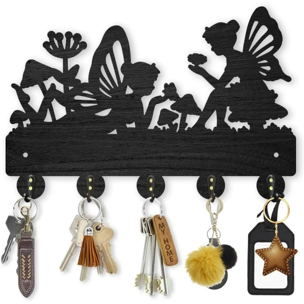 Fairy Coat Hooks Wall Mount Elf Mushroom Wood Key Holder for Wall 11.8×7.9inch Black Wall Art Decor Key Hooks 5 Alloy Hooks