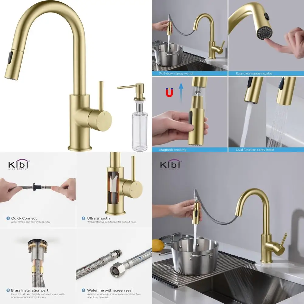 Pull-Down Kitchen Faucet with Soap Dispenser - High Arc Spout, Solid Brass, Single Handle, Brushed Gold Finish
