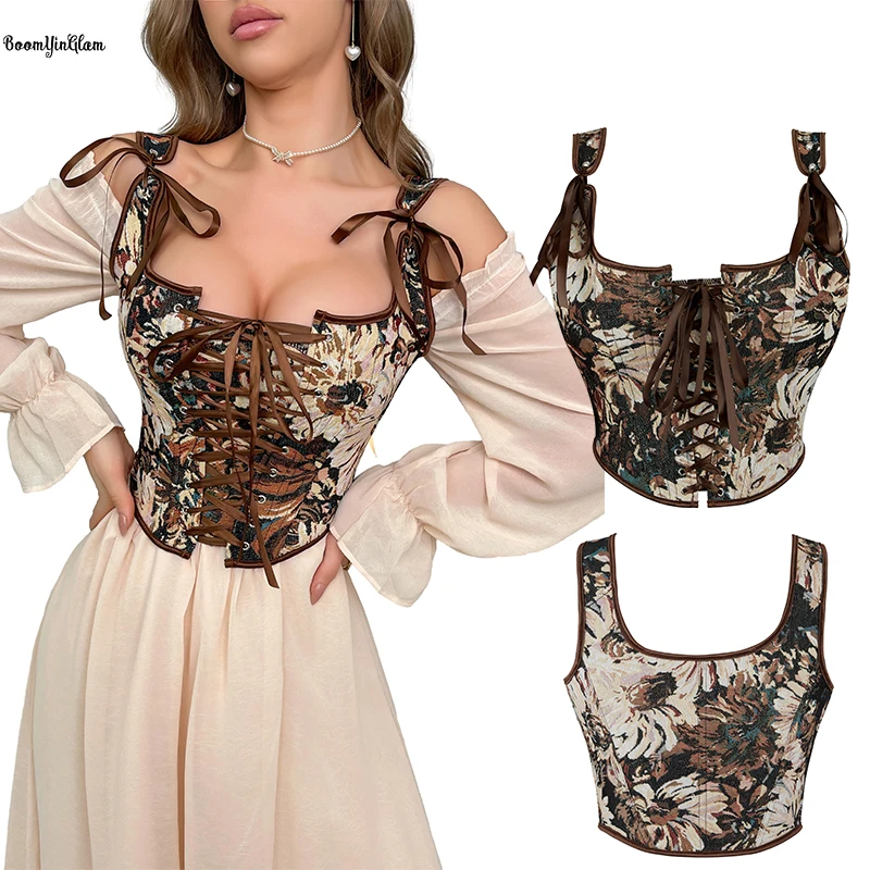 Retro Renaissance Women Clothing Going Out Cropped Top Lace Up Boned Floral Print Vest Tank Women Corset Plus Size