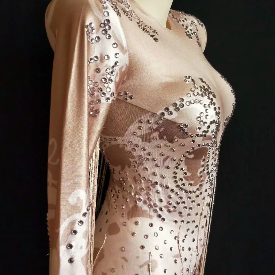 Sparkly Rhinestones Women Evening Party Costume Nightclub Party Singer Performance Stage Wear Wome Sexy Tassel Pink Long Dress