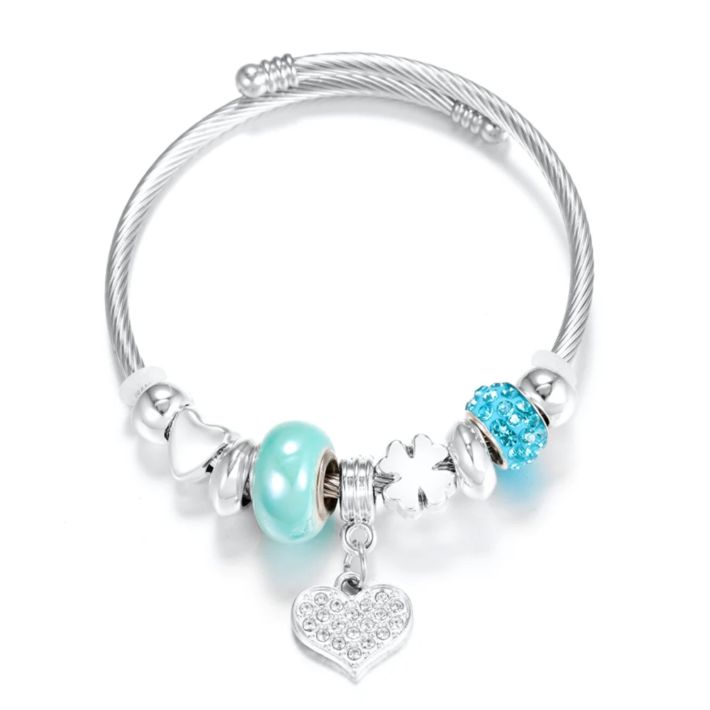 Heart-Shaped Rhinestone Stainless Steel Beaded Bracelet Women Glamorous Crystal 4 Colors Closure Adjustable Bangles Jewelry Gift