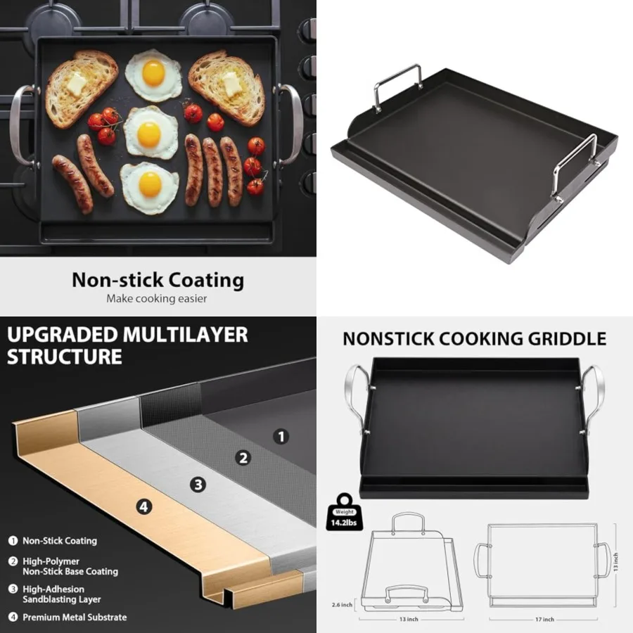 

Nonstick Coating Cooking Griddle for Gas Grill, Universal Griddle Flat Top Plate Insert with Grease Groove and Removable Handle