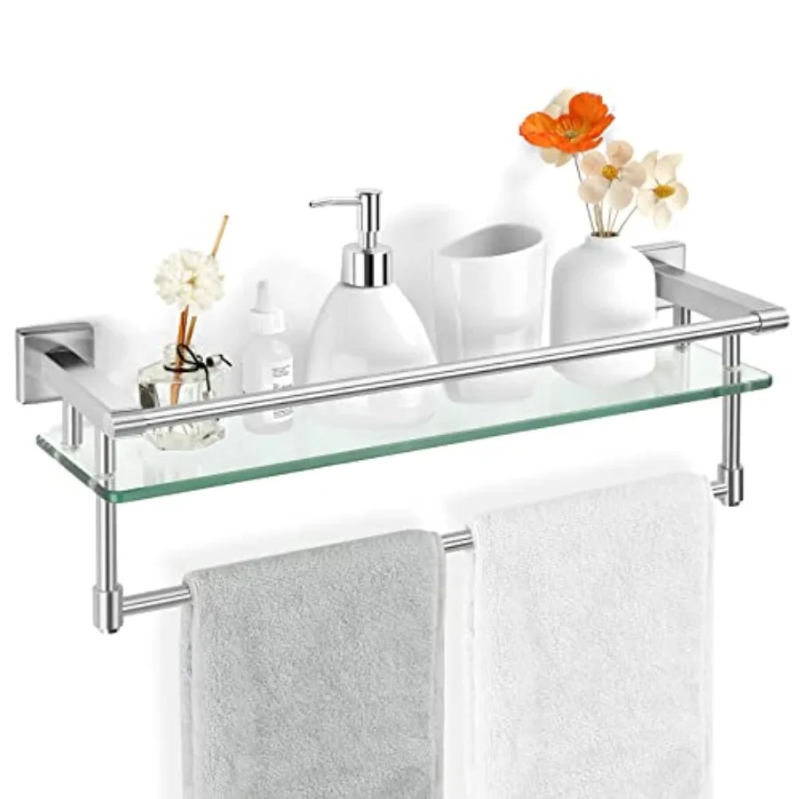 

Glass Bathroom Shelf with Towel Bar, Stainless Steel Tempered Towel bar/Track Glass Bathroom Shelves Wall Mount Over The Toilet