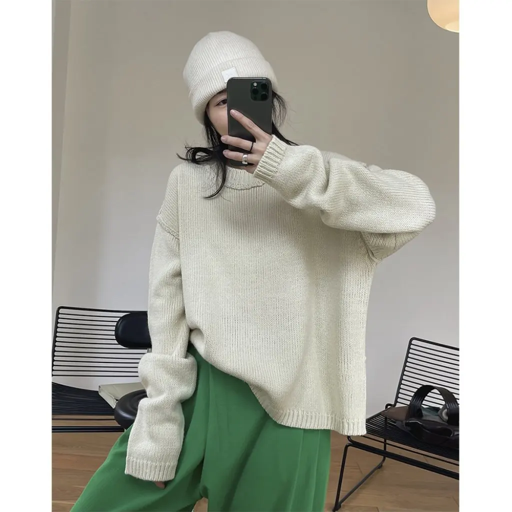 

Женский весенний свитер с круглым вырезом Dongdaemun в стиле K, мягкий удобный вязаный топ, утягивающий вид, исландский свободный крой