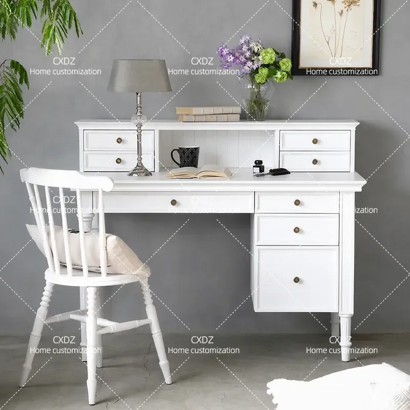 Retro Solid Wood Dresser with Integrated Table Small Apartment Bedroom Bay Window Vanity Desk with Locker Storage Furniture