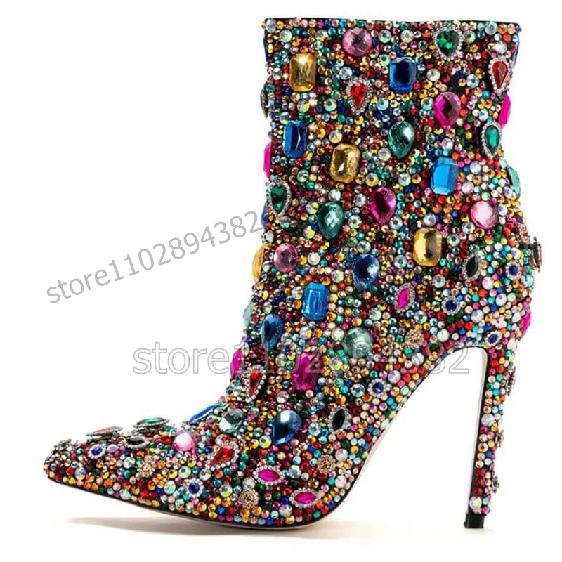 Colorful Jewel Crystal Decor Pointed Toe Ankle Boots Side Zipper Women Shoes Thin High Heels Fashion 2023 Zapatos Para Mujere