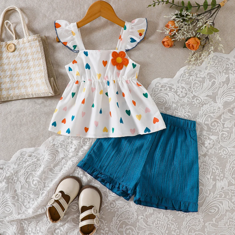 Girls' summer two-piece casual set: colorful heart-shaped three-dimensional floral vest + solid-colored shorts