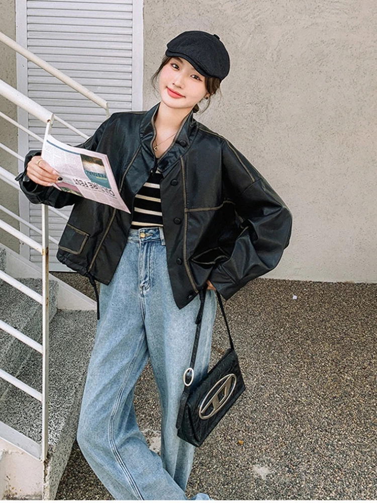 2025 Spring and Autumn new style women leather jacket American style retro brown stand up collar short leather jacket