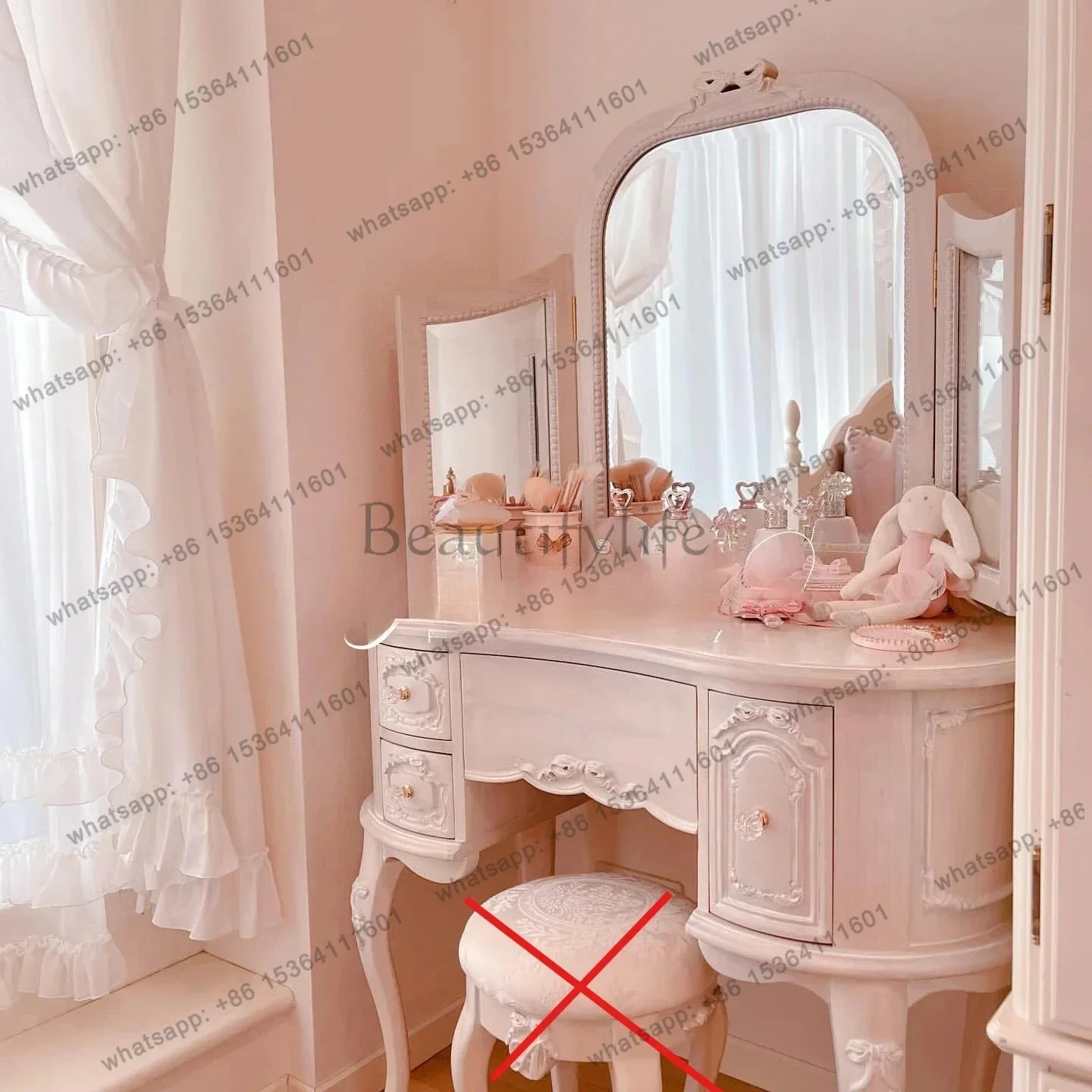 LJY French solid wood pink bedroom pink princess style dressing table American engraved flower with mirror dressing table furnit