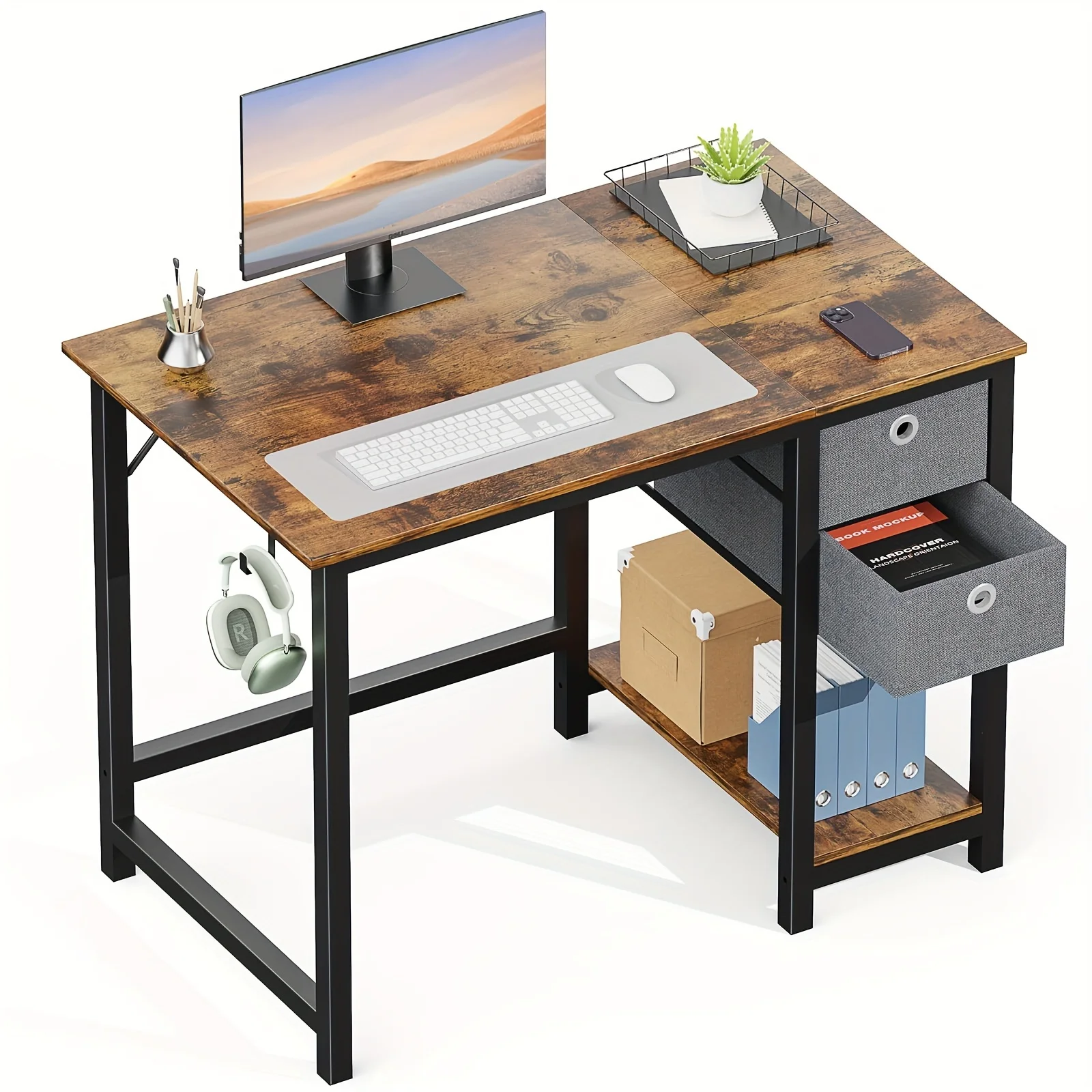 40-Inch Compact Computer Desk with 2 Spacious Fabric Drawers - Sturdy Metal Frame, Wood Grain Deskboard