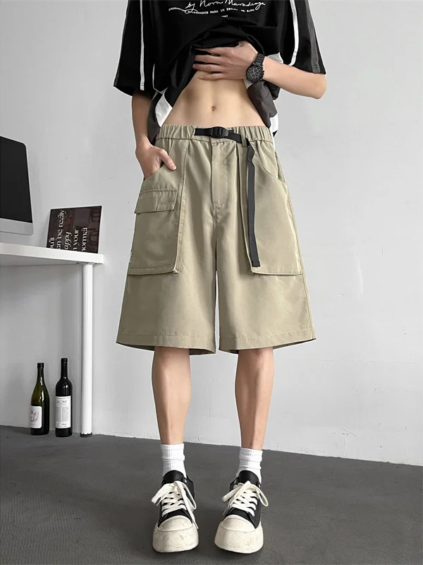 

Мужские летние повседневные брюки свободного кроя в американском стиле, модные, брендовые, с большими карманами, средней длины, длиной до колена