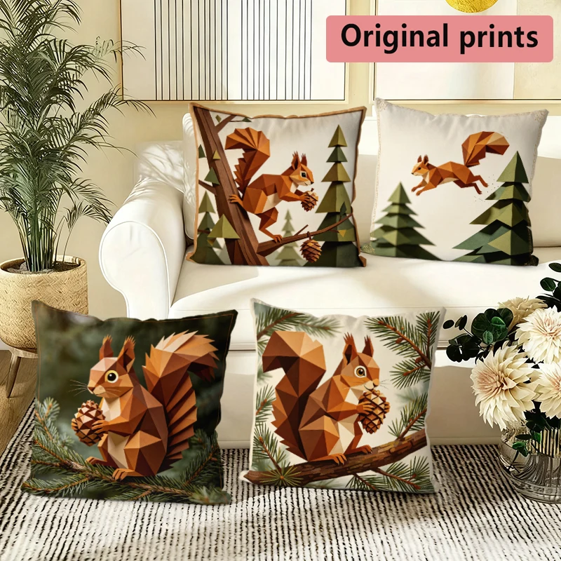 

Geometric Squirrel Pine Forest Throw Pillow Covers Pattern Cushion Cover Suitable For Sofa Bedroom Car Pillow Cover