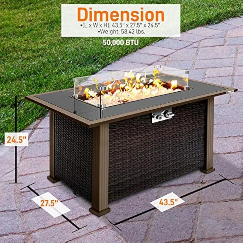 Fire Pit Table, Rattan Panel, Black Tempered Glasses Tabletop, Glass Wind Guard, Clear Glass Rocks, Propane Gas Fire Pit Table