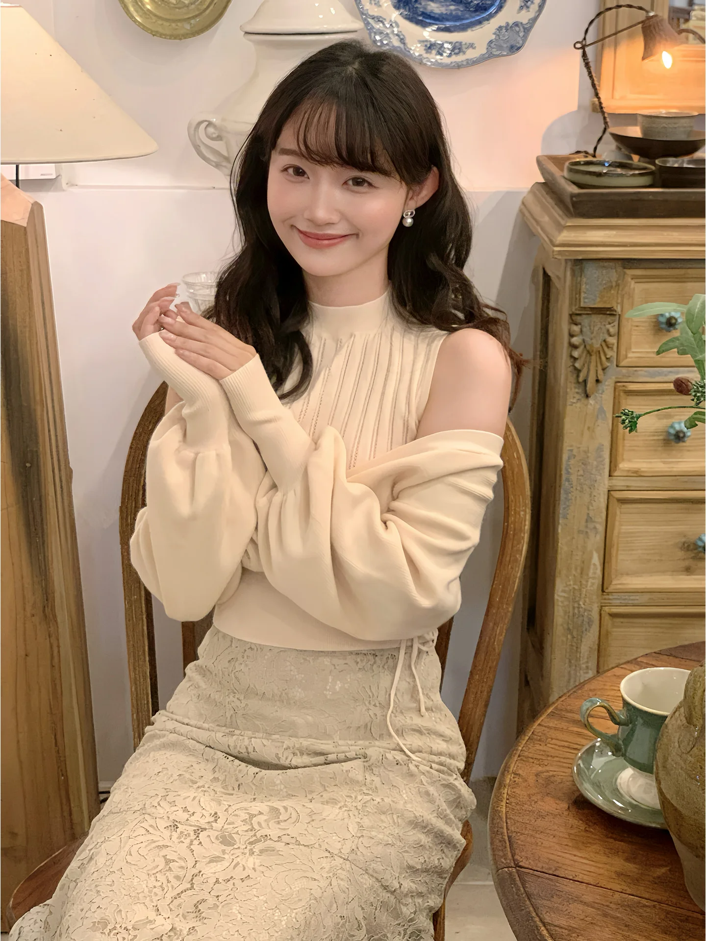 

Sweet Pure Color oulder Bared High Collar Knitted Top with Sa Medium Gauge Polyester Fiber Long Sve Single Piece Knitwear