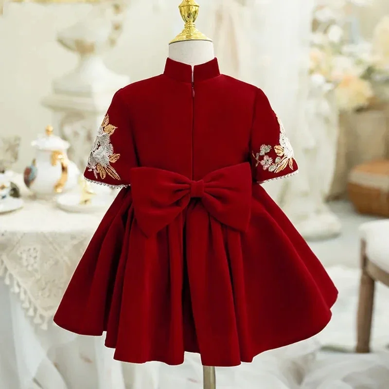 Red Flower girl Princess Dresses for kids Baptism Party and Wedding New year Christmas Baby girl Clothes Christening Gown