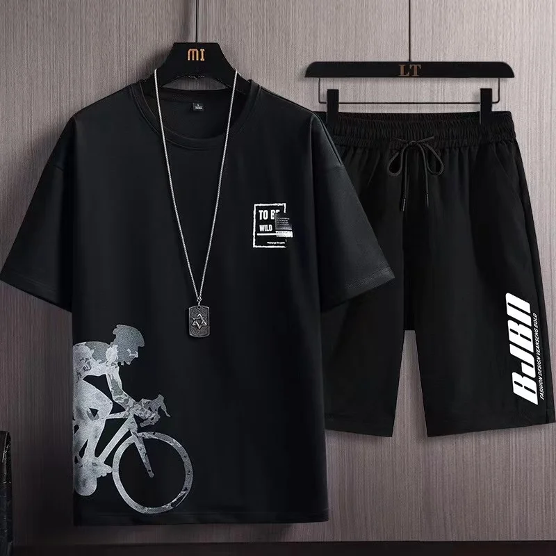 2023 Summer Men\'s Tracksuit 2 Piece Set Fashion Casual Solid Short-Sleeved T-Shirt and Shorts Sport Suit Breathable Man Clothing