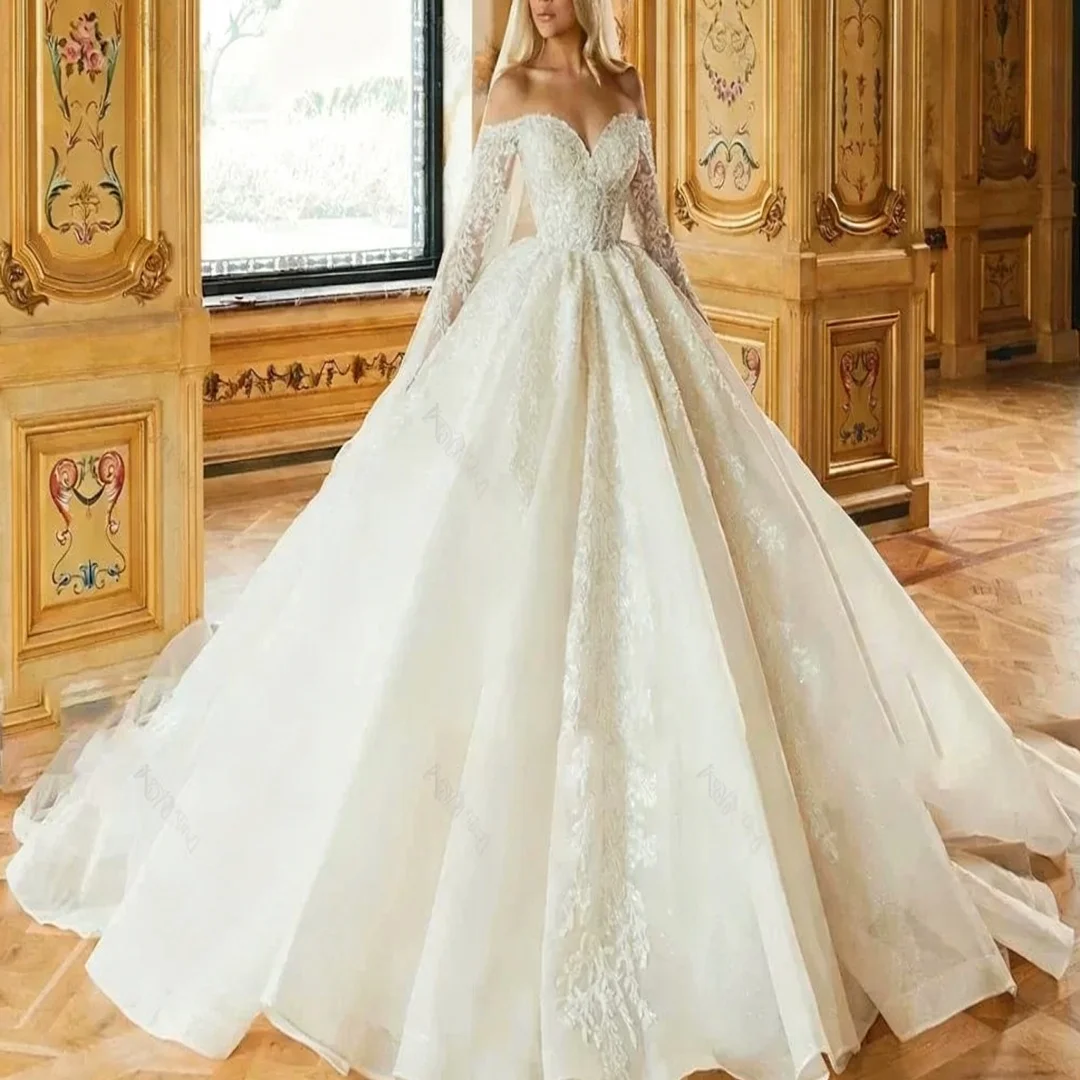 

Свадебное платье с жемчугом и бисером по индивидуальному заказу, с открытыми плечами и длинными рукавами, сверкающее кружево, вечерние платья для выпускного вечера невесты