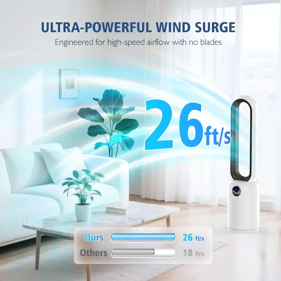 مروحة برجية خالية من الشفرة مع مروحة تبريد دائرية هواء عن بعد للاستخدام الداخلي، 24 إعدادًا للسرعة، 12 مؤقتًا، مروحة متأرجحة هادئة
