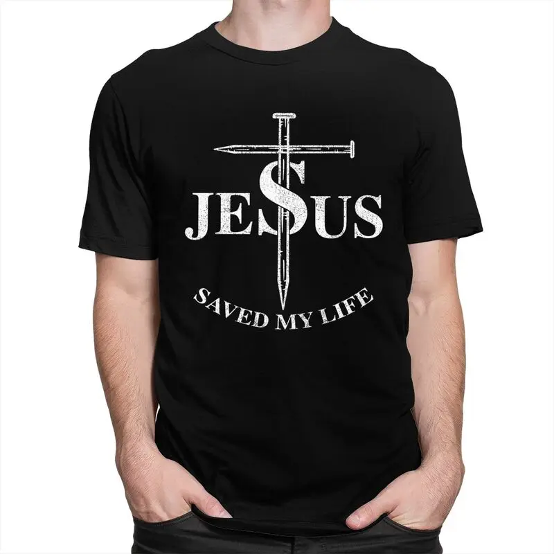 Religious Jesus Saved My Life T Shirt for Men Pure Cotton Tees Tshirts Short Sleeved Urban T-shirt Clothes