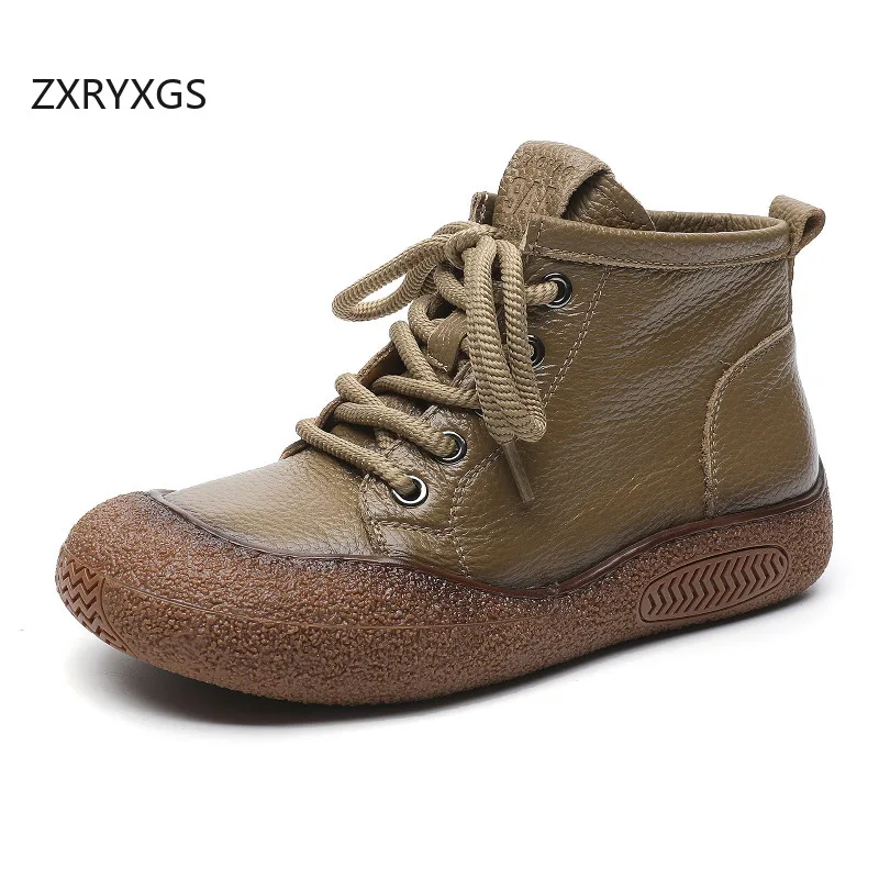 ZXRYXGS 2024 Promotion Full Real Leather Women Leather Boots Trend Sneakers 2024 Lace-up Round Toe Casual Sneakers Flat Shoes