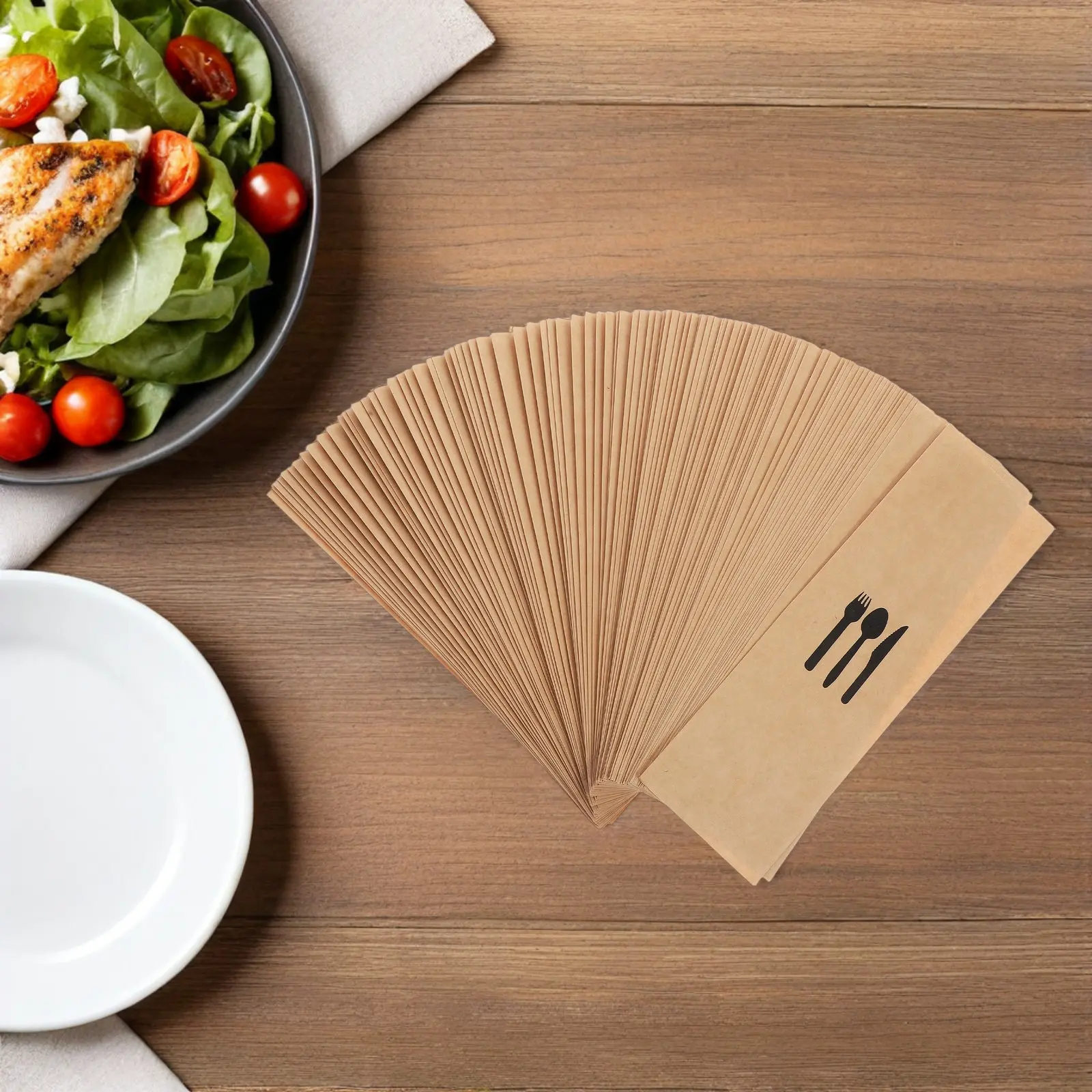 

300pcs Kraft Paper Cutlery Sleeves Oil-Proof Waterproof Disposable Utensil Holders For Forks Spoons Natural Texture Elegant